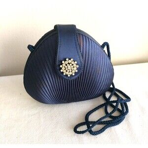 SASHA Pleated Blue Satin Evening Clutch Handbag Rhinestones Shoulder Strap Vtg